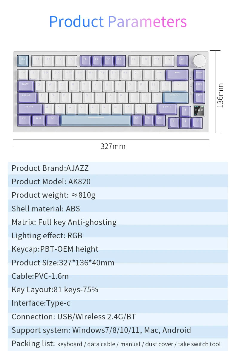 AJAZZ AK820 keyboard with product parameters listed on a blue background