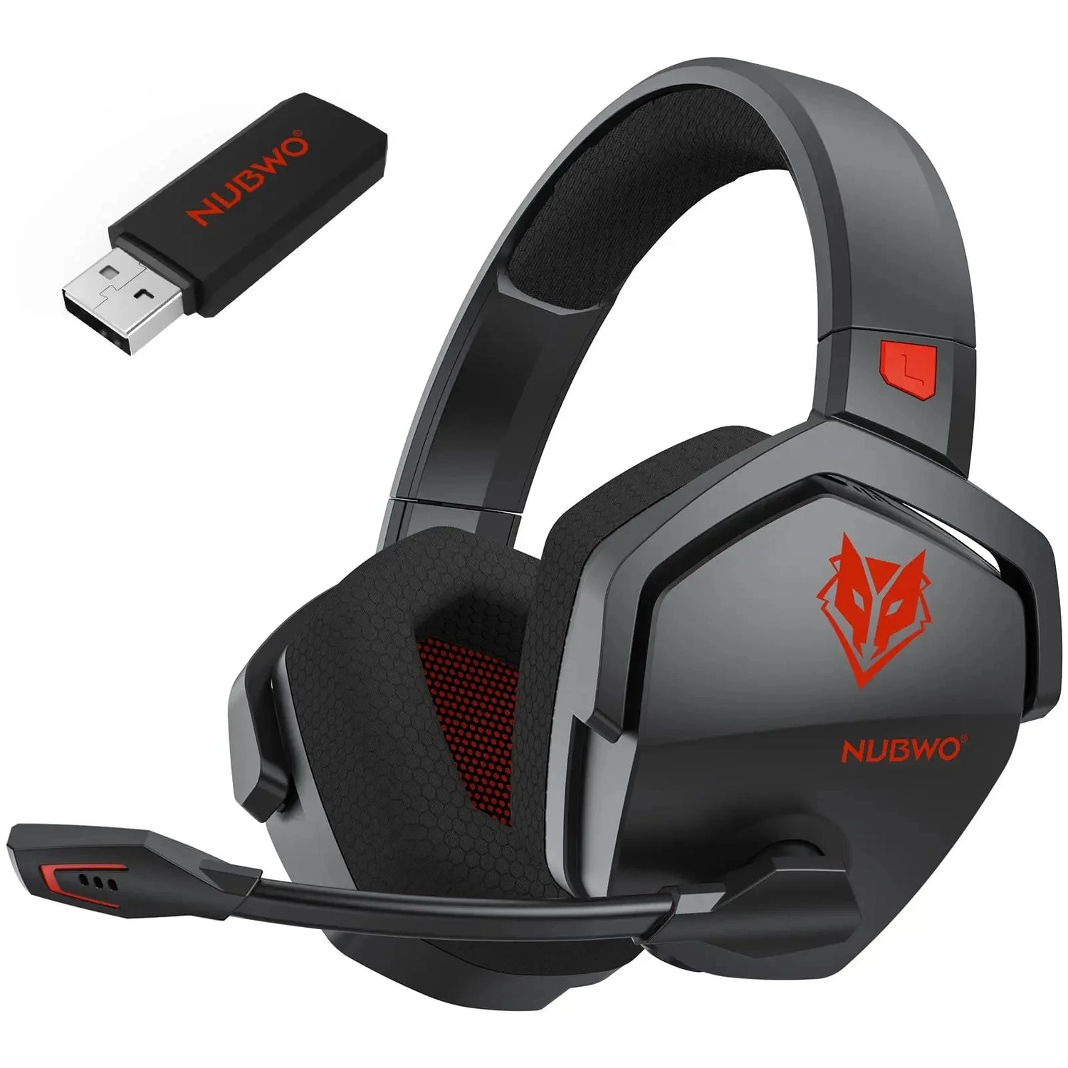 Gaming headset with USB adapter on a white background, featuring Nubwo branding.