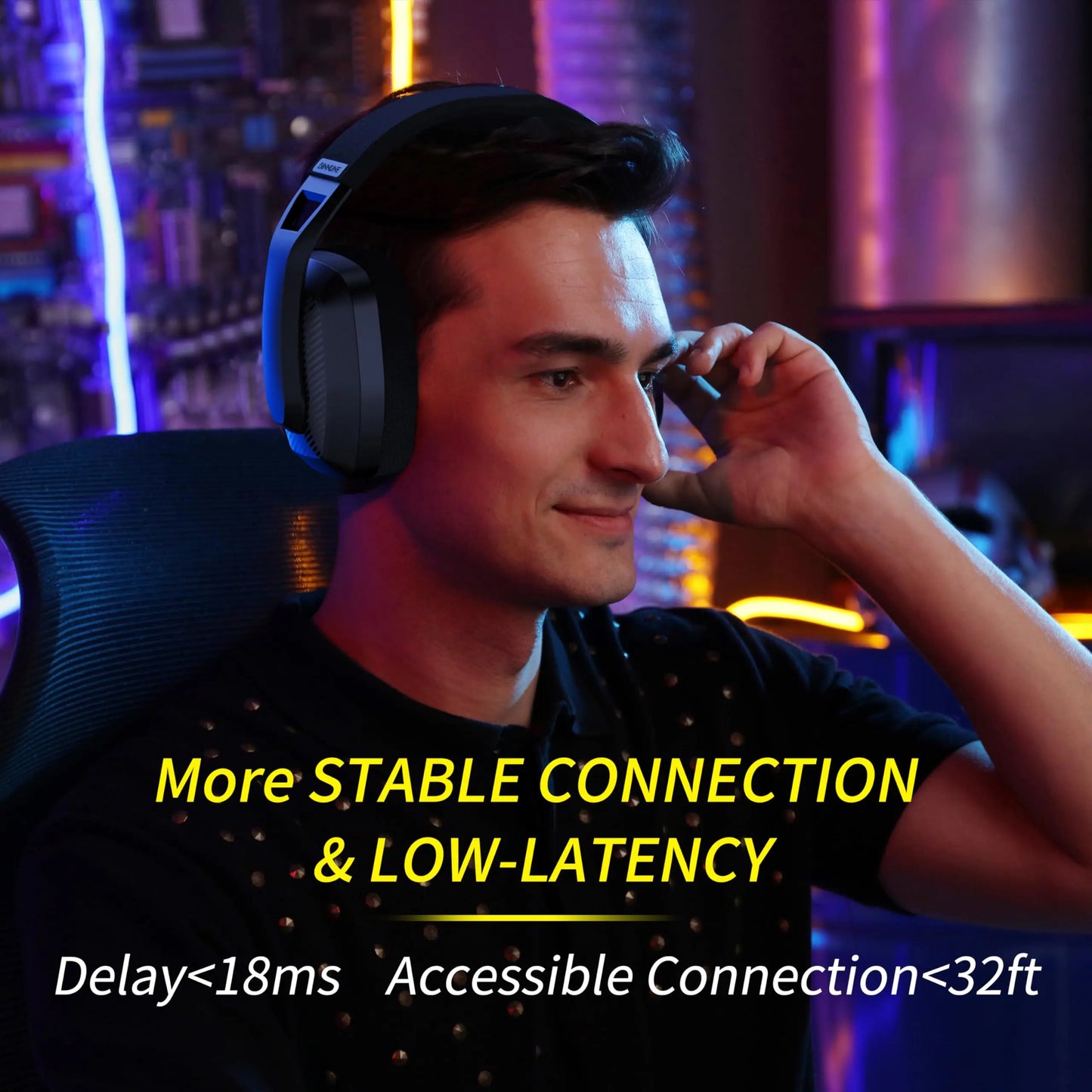 Man wearing headphones with text about stable connection and low-latency in a blurred gaming setup.