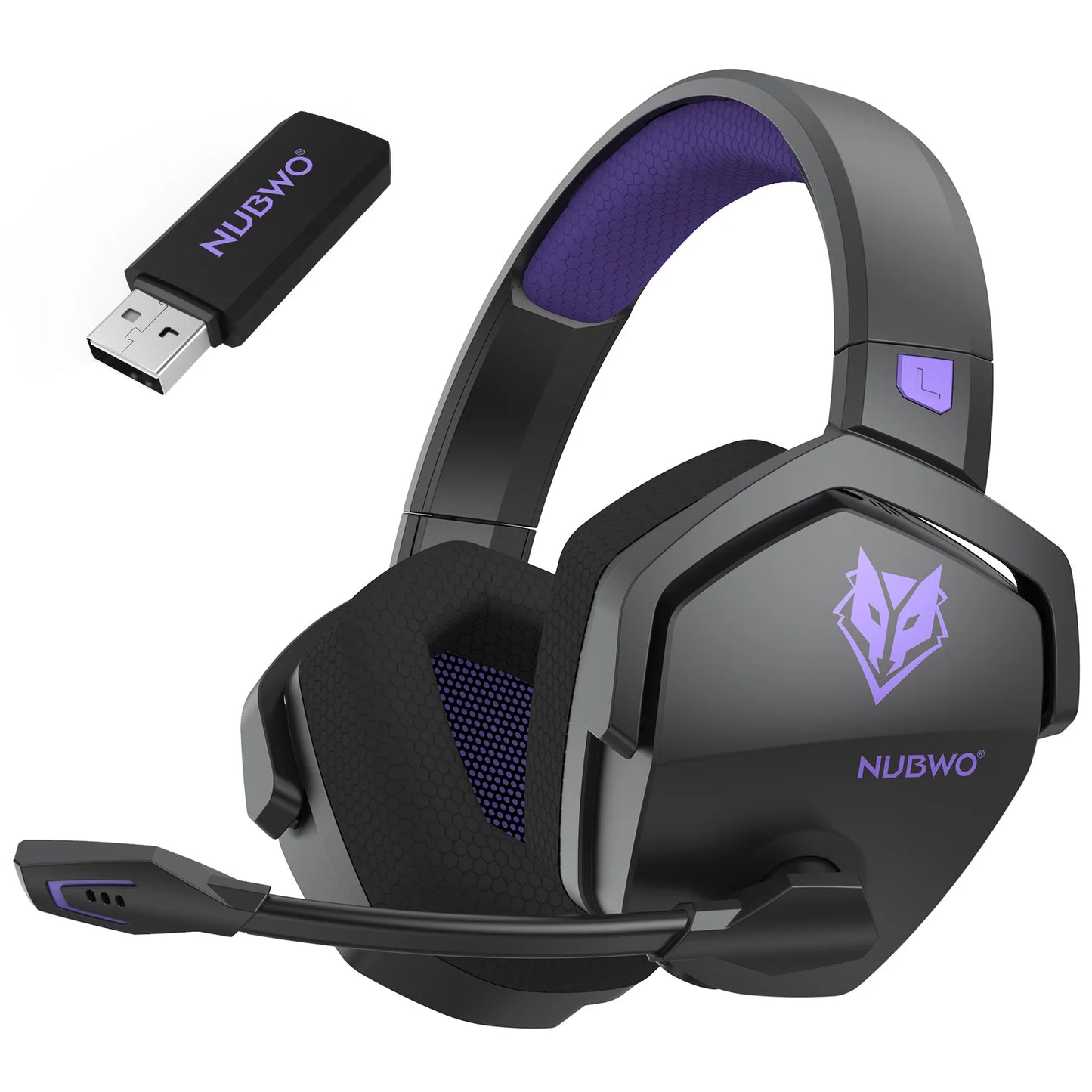 Gaming headset with microphone and USB adapter on a white background, featuring the NUBWO brand.