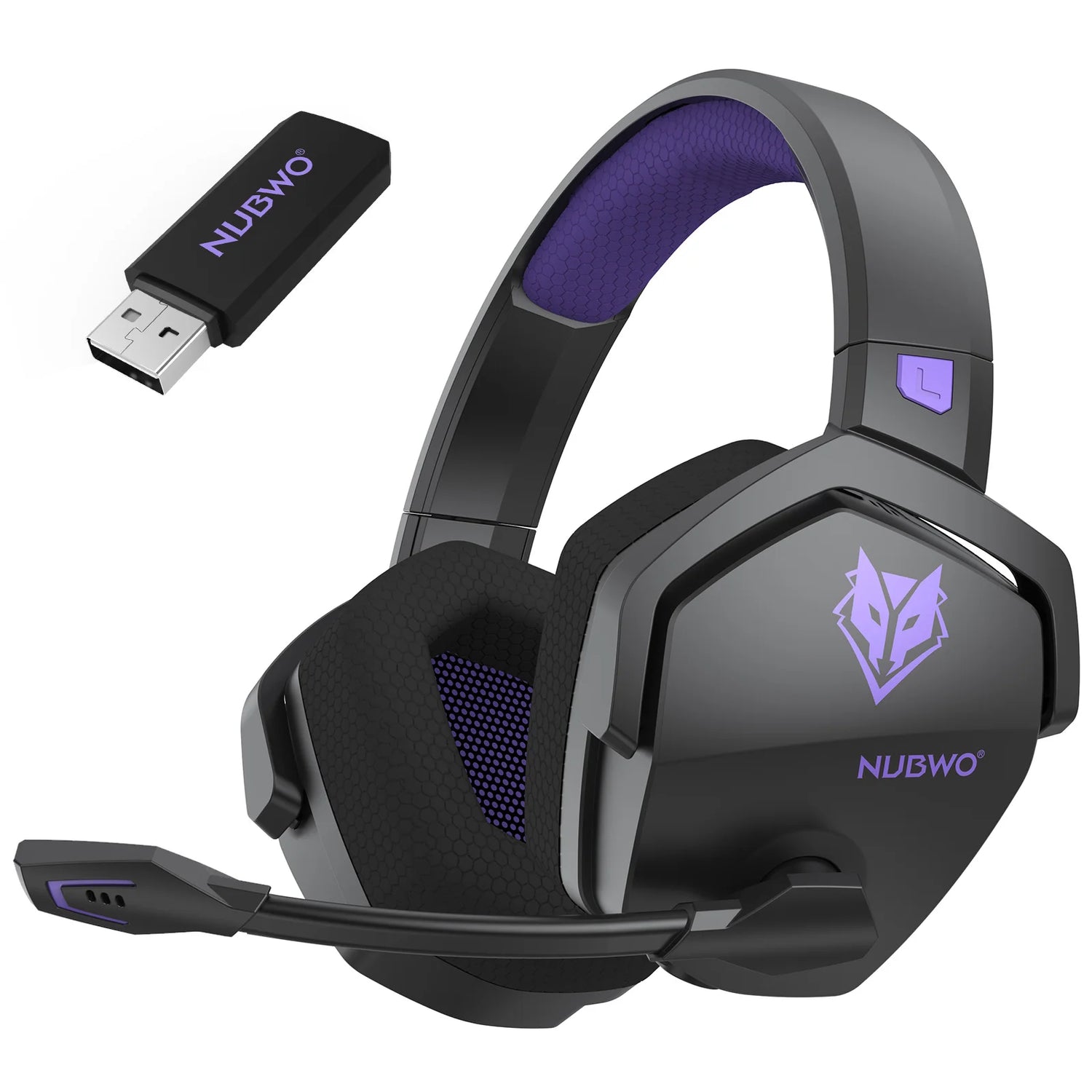 Gaming headset with microphone and USB adapter on a white background, featuring the NUBWO brand.