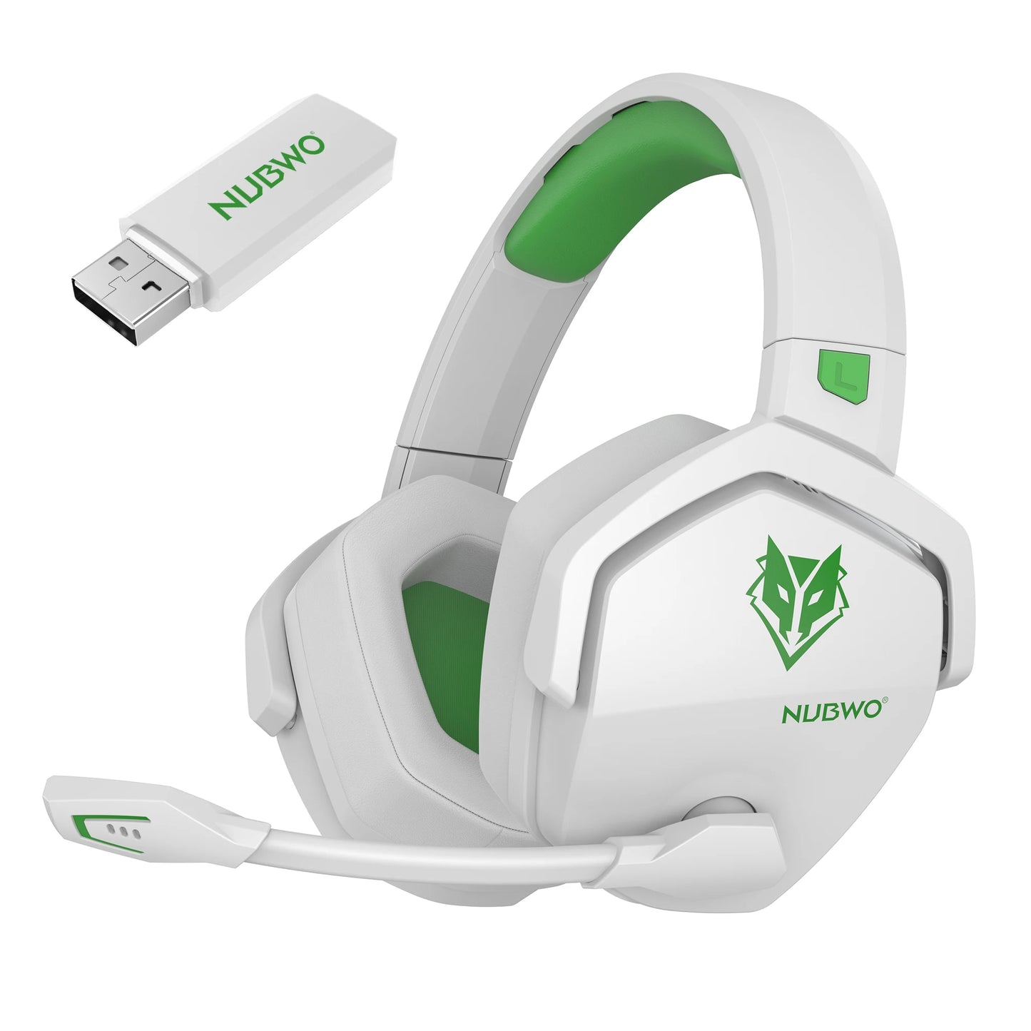 White gaming headset with green accents and USB adapter on a white background, featuring the NUBWO brand.