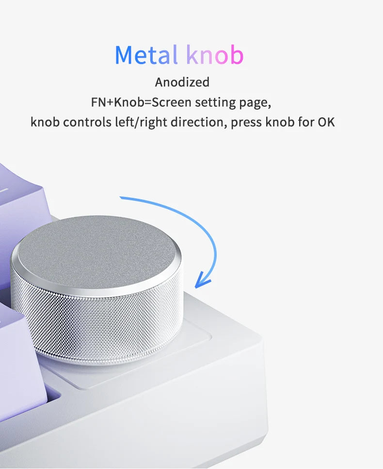Metal knob on a device with text explaining its functions