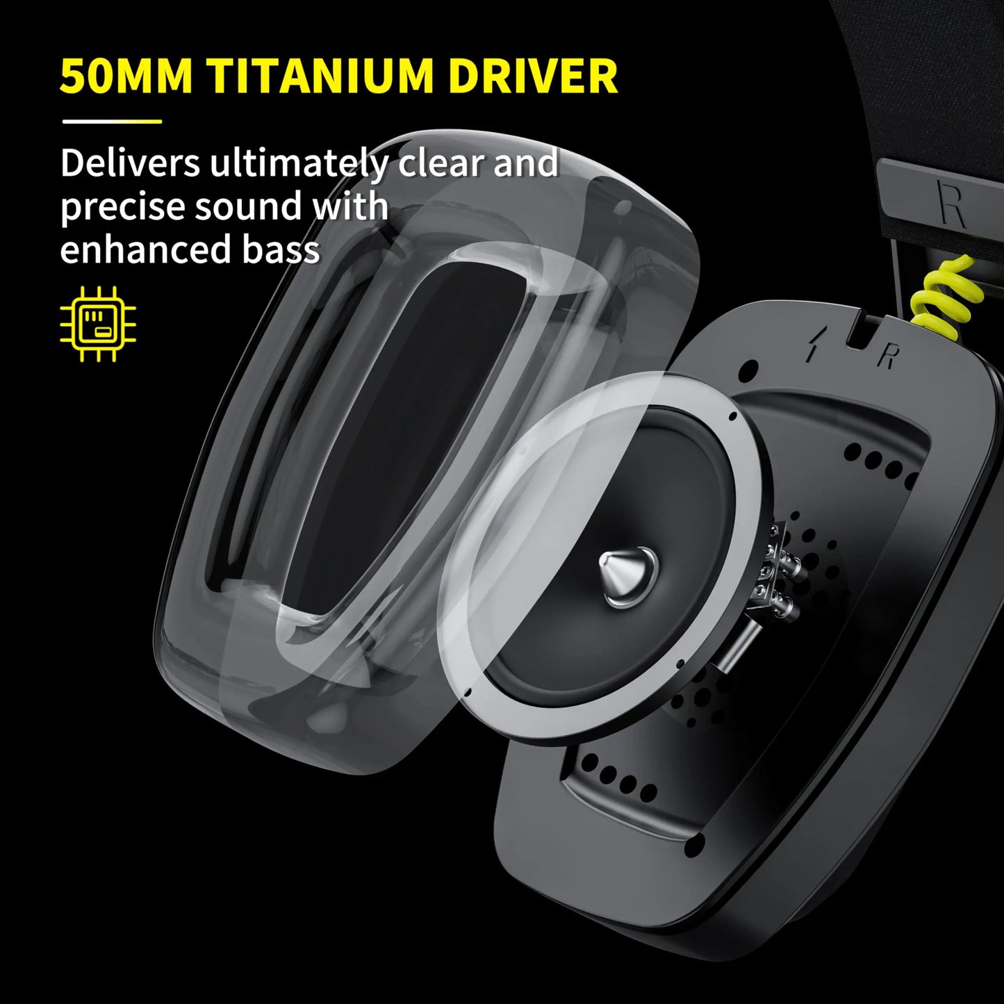 50mm titanium driver with text highlighting sound quality on a black background