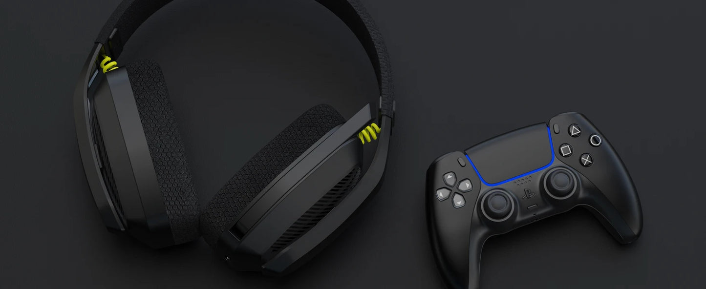 Black gaming headset and controller on a dark background
