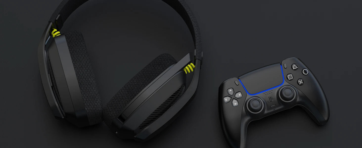 Black gaming headset and controller on a dark background