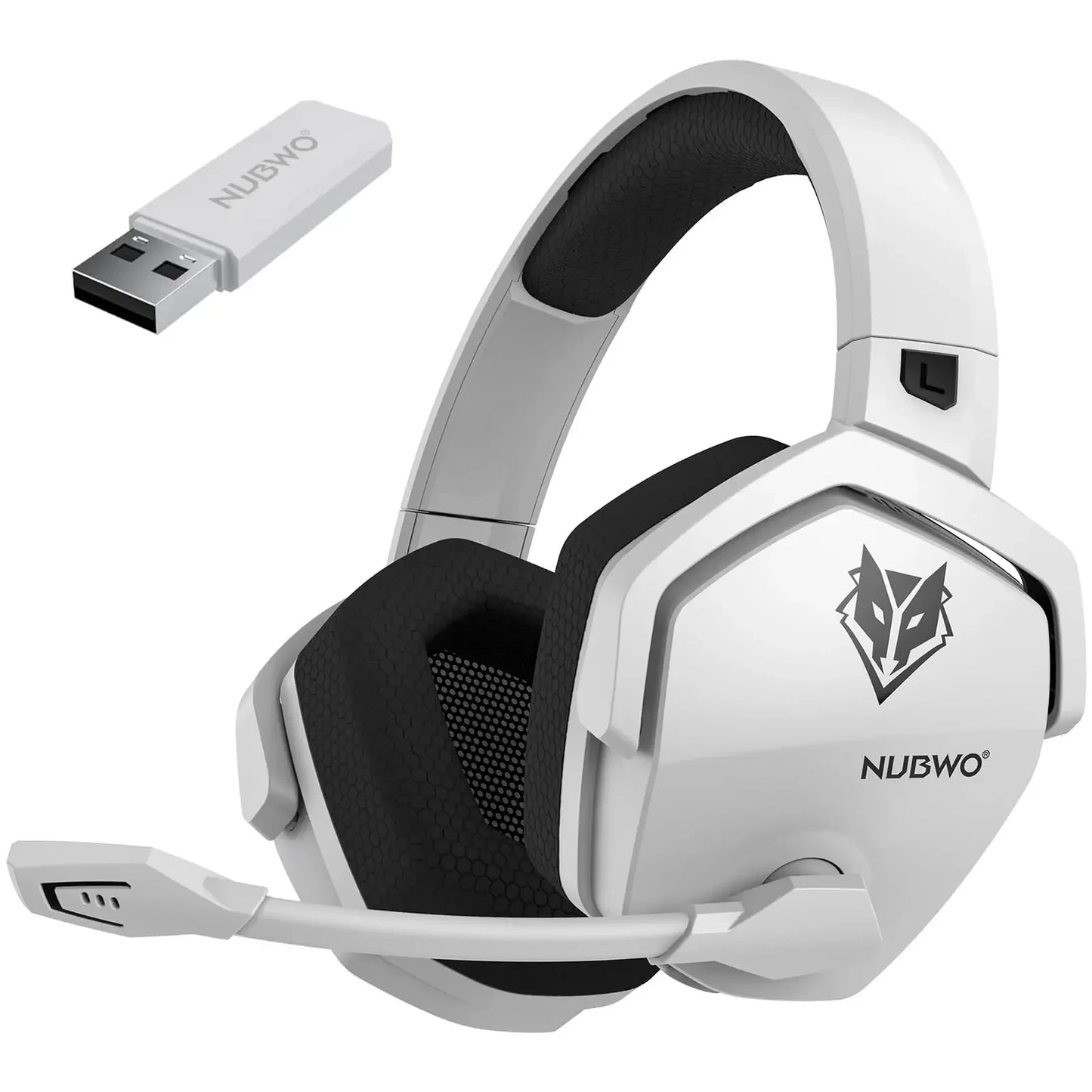 White gaming headset with NUBWO branding on a white background