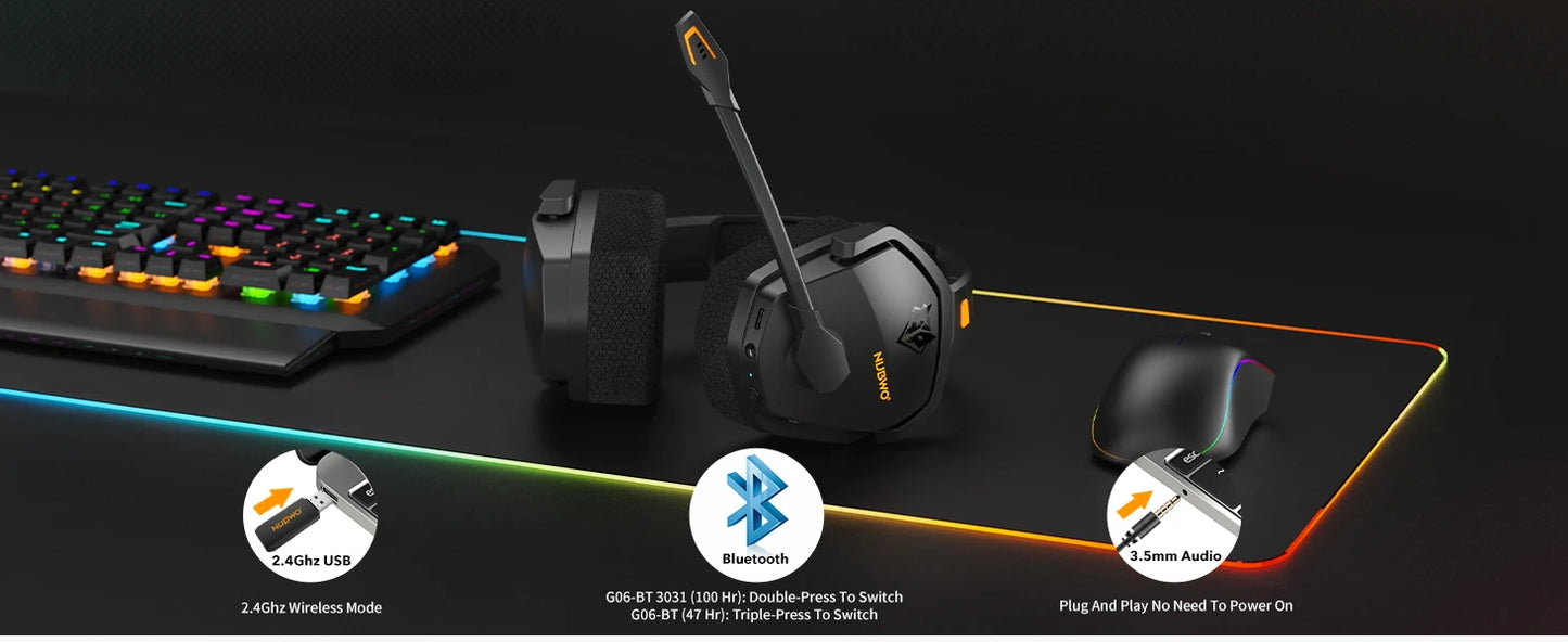 Gaming headset, keyboard, and mouse on a dark surface with feature icons displayed.